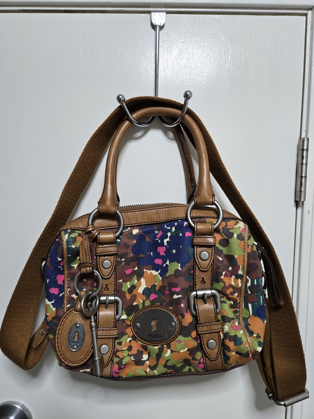 Fossil Handbag Colorful Camo Canvas with leather trim purse tote bag